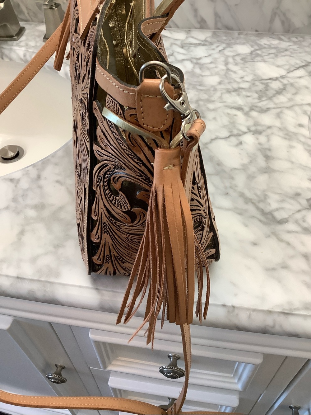 Tan Floral Tooled Leather Crossbody Bag with Tassel Accents - Picture 7 of 11